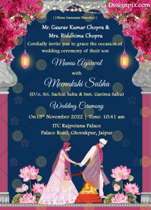 Traditional Indian Wedding card Decorated with Vintage Pink Florals in Blue Theme Background With Wedding Couple