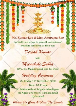 Indian Theme Wedding Invitation Card in Cream Theme Bacground Decorated with Marigold Florals