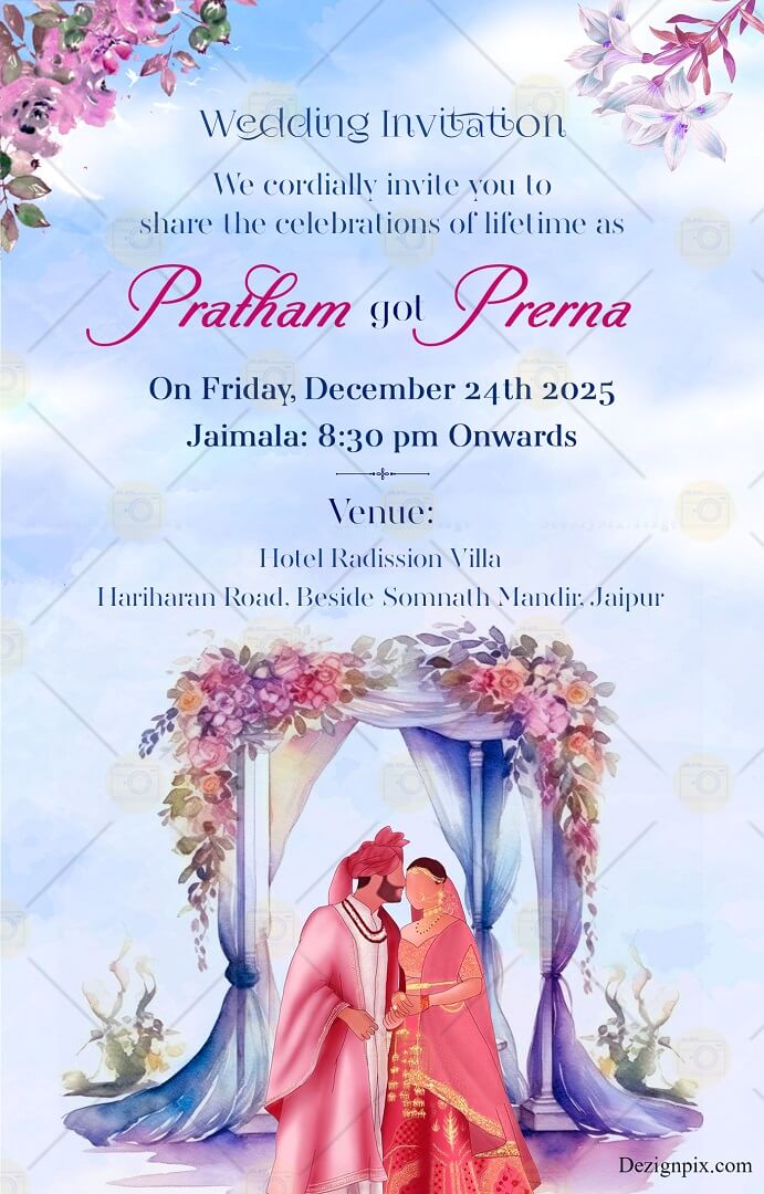 Blue Watercolor theme Punjabi Wedding Invitation Card